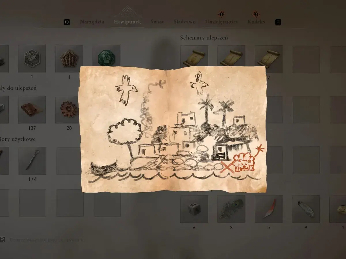 Mapa skarbów z Assassin's Creed Mirage. Dziecięcy rysunek przedstawia miasto, ptaki i tajemnicze symbole, wskazując drogę do ukrytych zagadek.