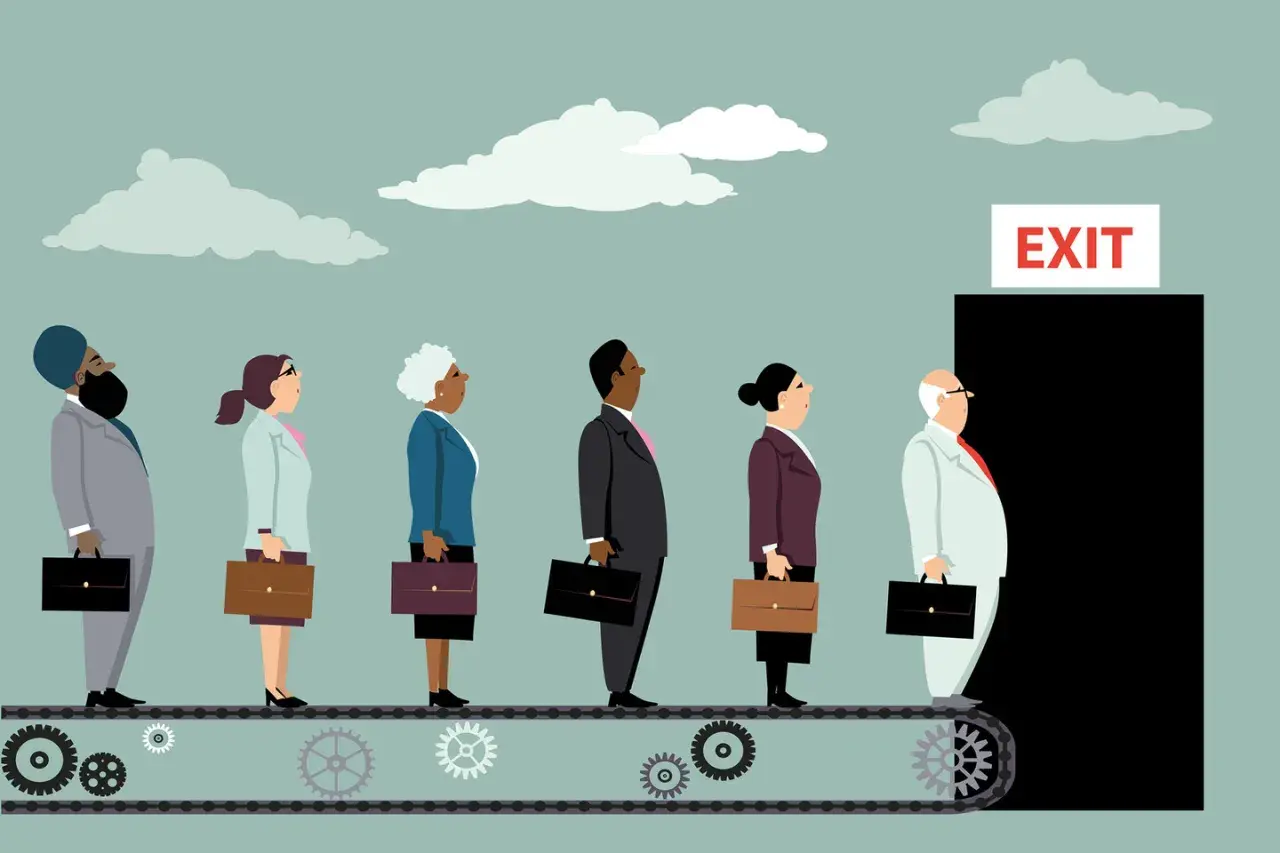 A diverse group of professionals on a conveyor belt approach an "EXIT" sign, illustrating the need for diversity equity and inclusion best practices to ensure everyone has a path forward.