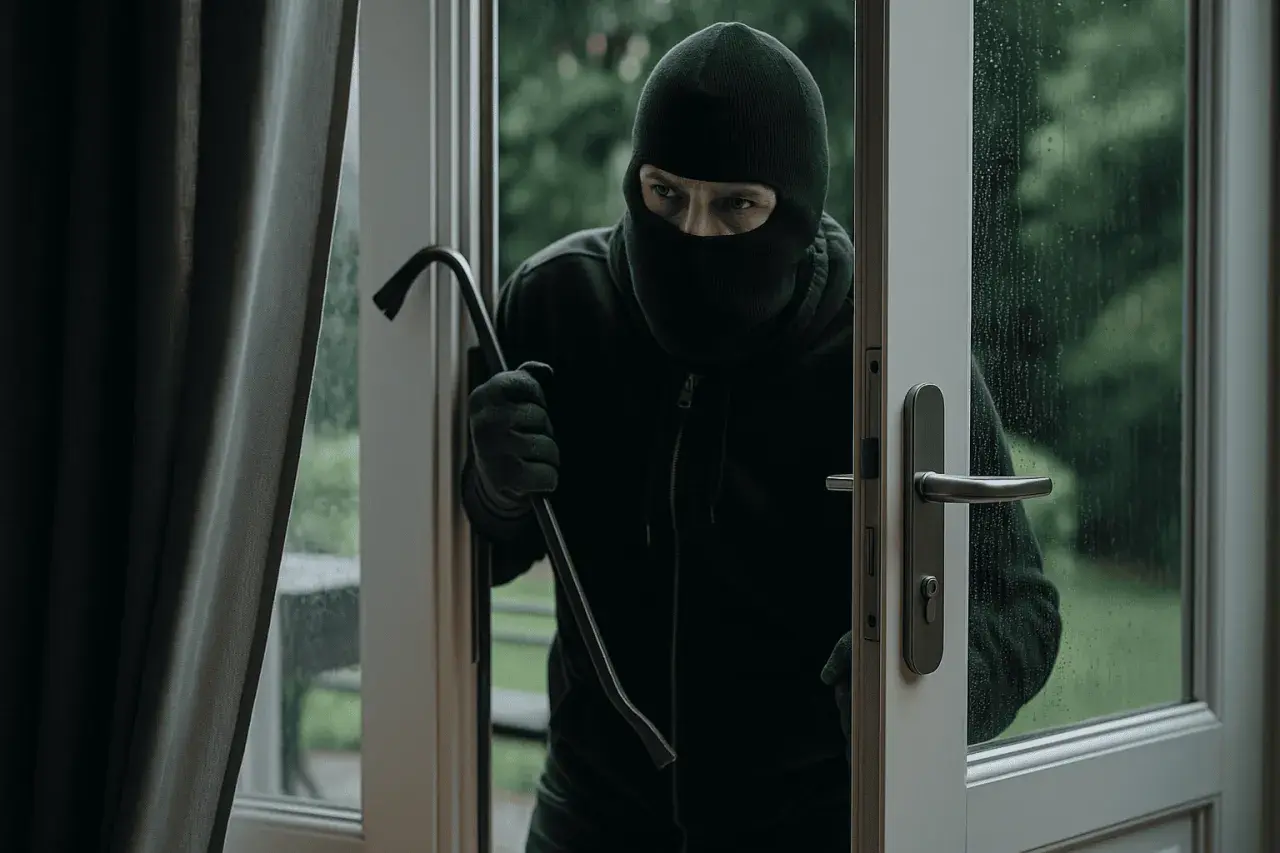 Un cambrioleur masqué, prêt à forcer une porte avec un pied-de-biche, illustre le danger du home jacking et l'importance de la protection.