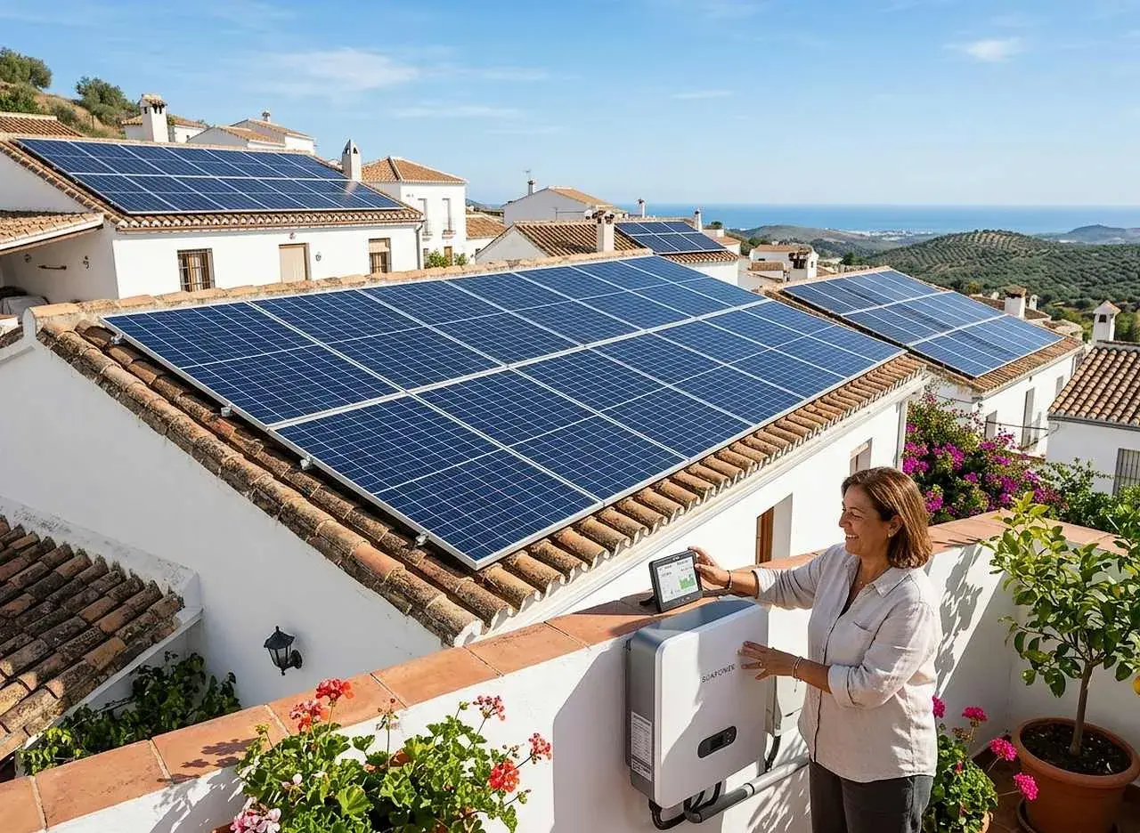 Mujer sonríe mientras revisa datos en tablet junto a inversor, con tejados llenos de paneles solares. ¡Un paso más para legalizar instalación fotovoltaica!