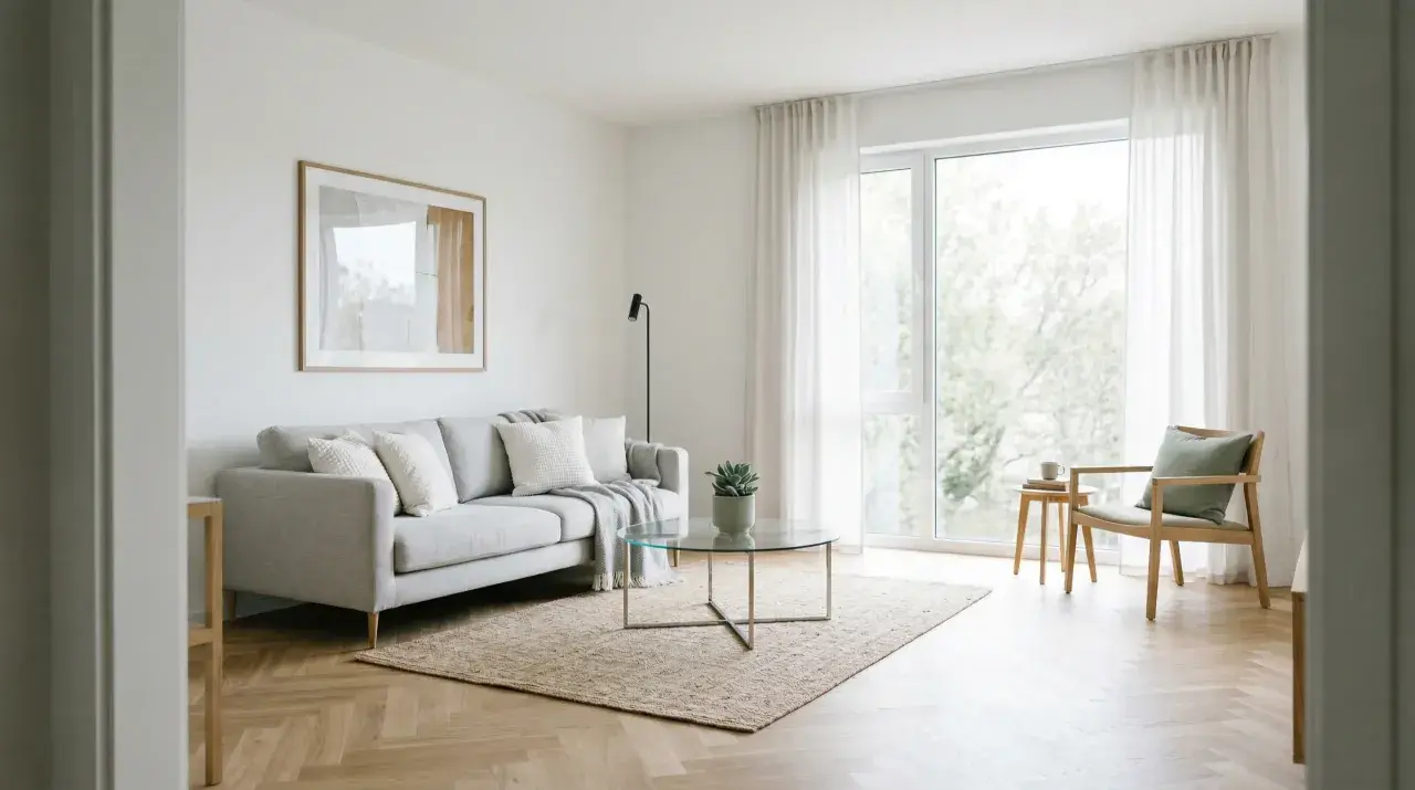 Jasny salon z szarą kanapą, szklanym stolikiem i krzesłem. Idealny przykład home stagingu, który podkreśla przestronność i styl.