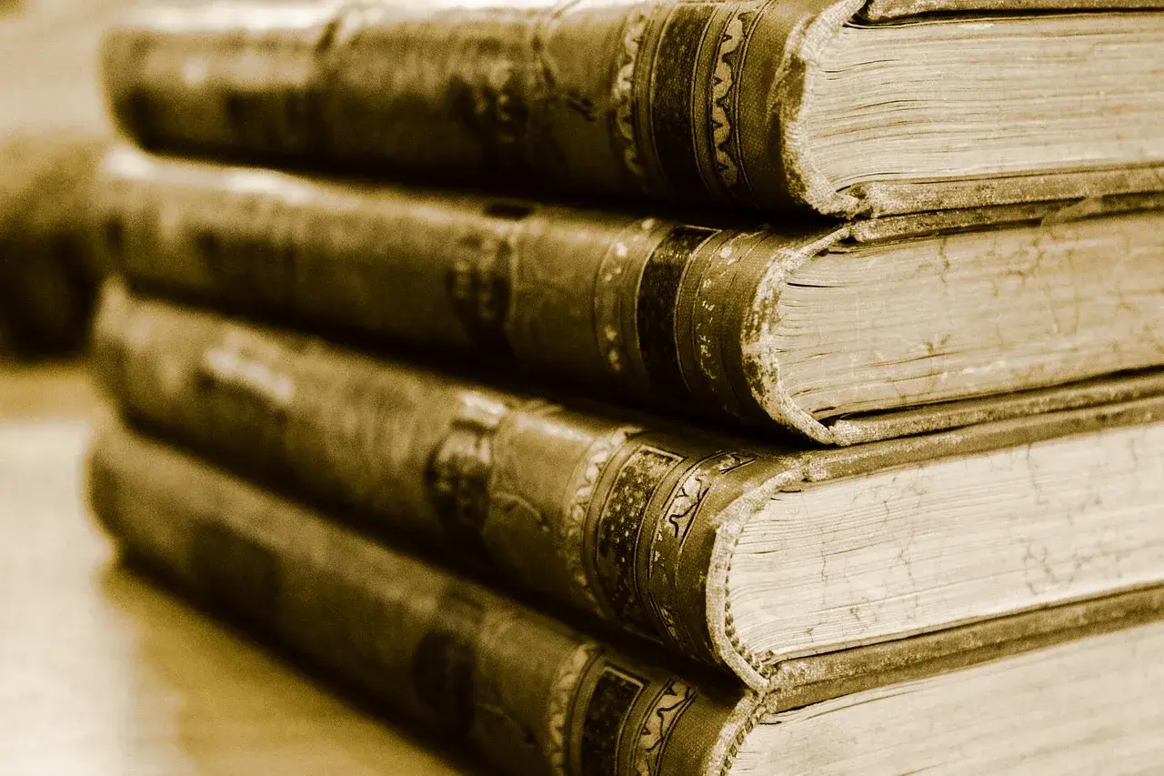Stapel alter Bücher, die wie Henner, Rudi und Rosa in einer Reihe stehen.