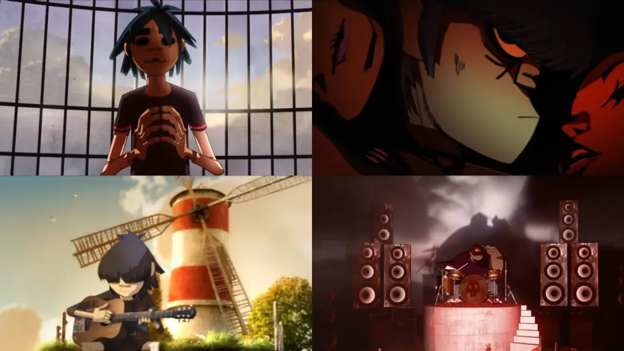 Kolaż z klipu Gorillaz - Feel Good Inc.: 2-D za kratami, Noodle w mroku, Murdoc gra na gitarze przy wiatraku, Russel gra na perkusji.