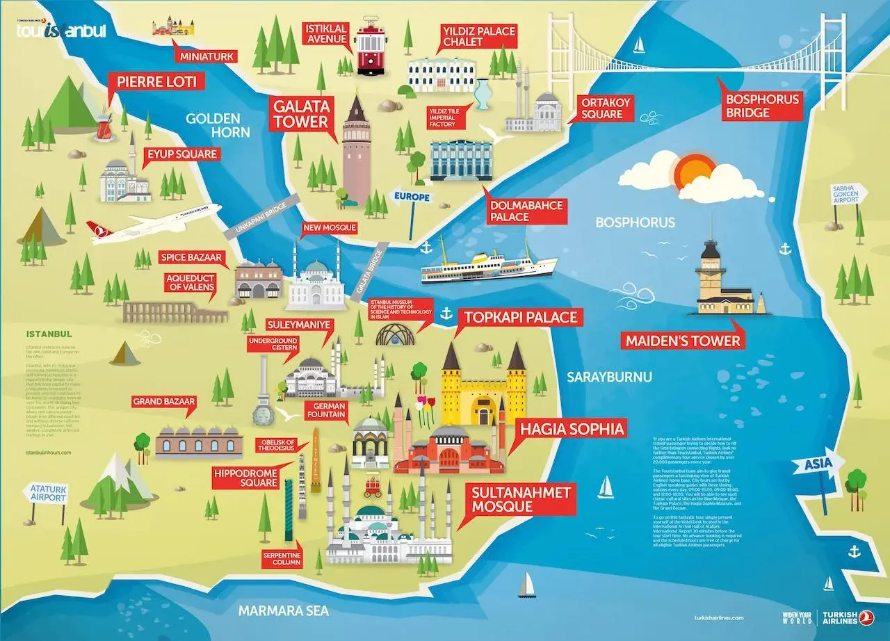 Carte d'Istanbul : découvrez que faire à Istanbul, entre mosquées, palais et Bosphore.