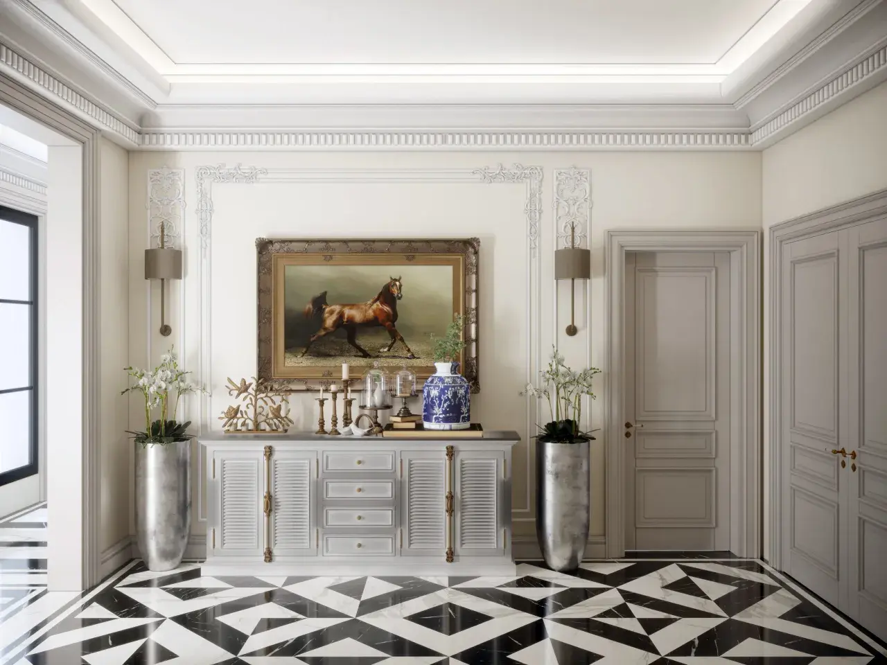 Eleganckie art deco wnętrza z obrazem galopującego konia, symetrycznymi wazonami i geometryczną posadzką.