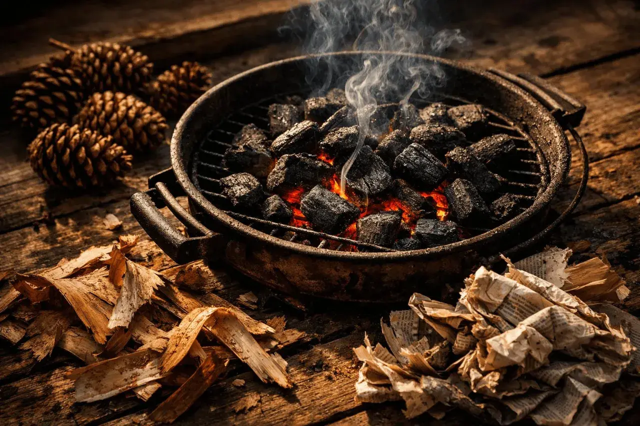 Rozpalony grill z żarem i dymem, obok szyszki i rozpałka. Idealny sposób, jak rozpalić grilla na drewnianym blacie.