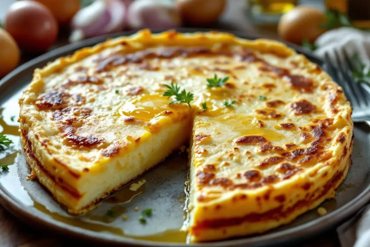 Une tortilla espagnole dorée et appétissante, coupée en part, baigne dans une huile savoureuse.