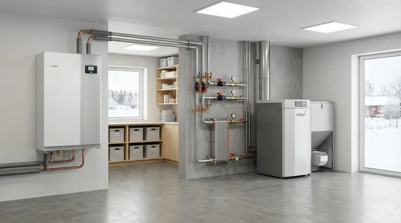 Modern värmesystem för gasuppvärmning av hus, med värmepump och panna. Vinterlandskap syns utanför fönstret.