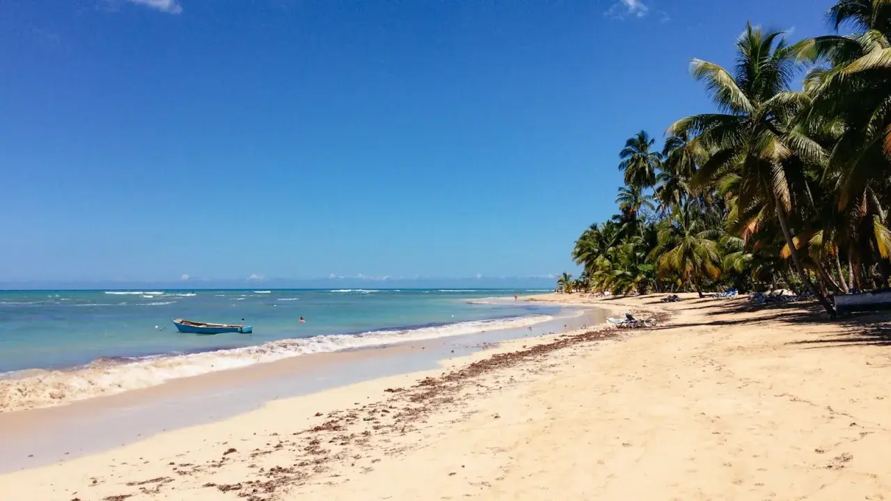 Traumhafter Strand in der Dominikanischen Republik, Punta Cana. Palmen säumen den Sand, ein Boot schaukelt im türkisfarbenen Meer.
