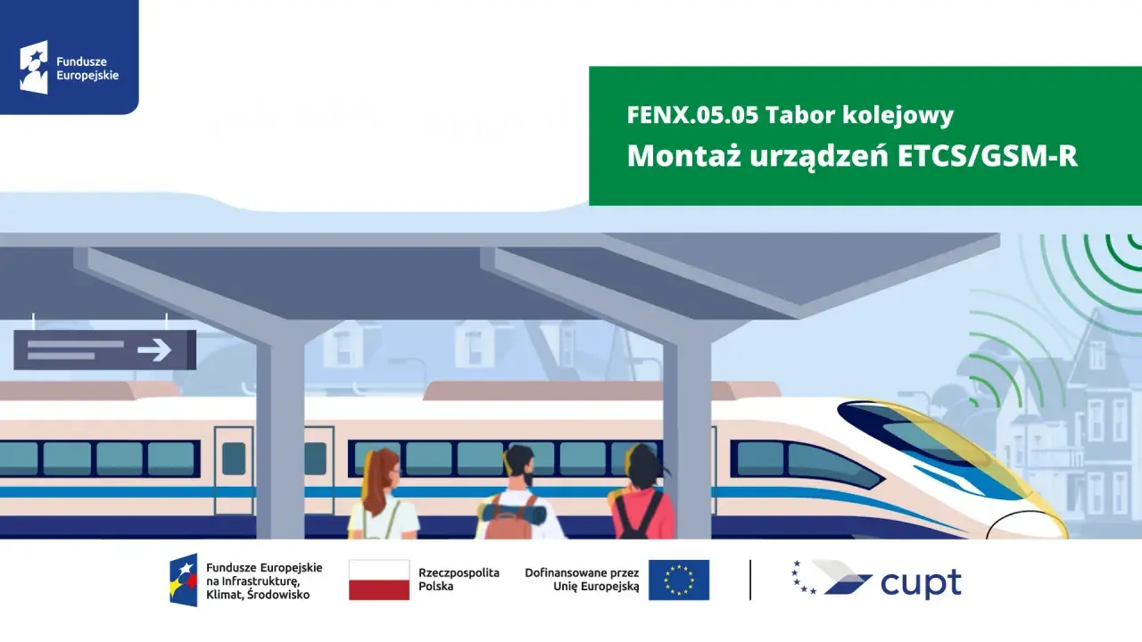 Nowoczesny tabor kolejowy na stacji, z pasażerami czekającymi na peronie. Projekt FENX.05.05 dotyczy montażu urządzeń ETCS/GSM-R.
