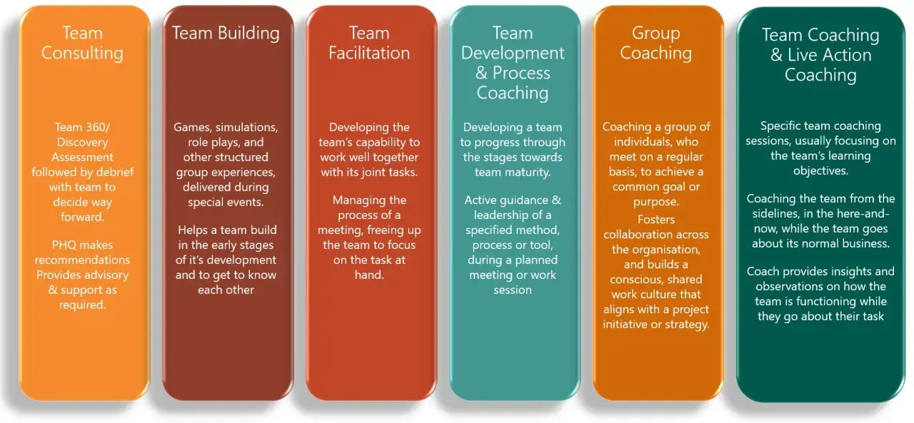 Six columns detailing team development services: Team Consulting, Team Building, Team Facilitation, Team Development & Process Coaching, Group Coaching, and Team Coaching & Live Action Coaching.