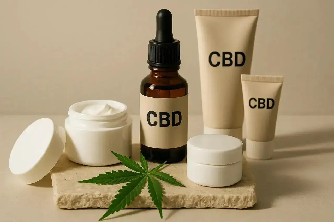 CBD-Produkte: eine Flasche mit Pipette, zwei Tuben und zwei Cremetiegel, daneben ein Hanfblatt.