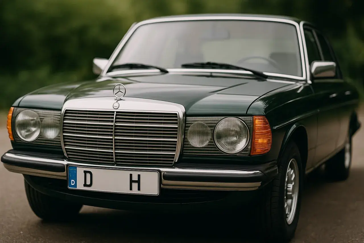Dunkelgrüner Mercedes-Benz mit historischem Kennzeichen. Ab wann solche Kennzeichen erlaubt sind, ist eine Frage der Zulassung.