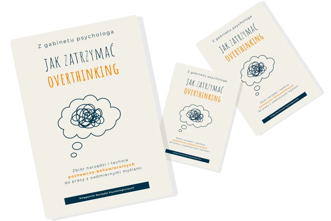 Książki "Jak zatrzymać overthinking" z gabinetu psychologa. Zbiór narzędzi i technik poznawczo-behawioralnych do pracy z nadmiernymi myślami.