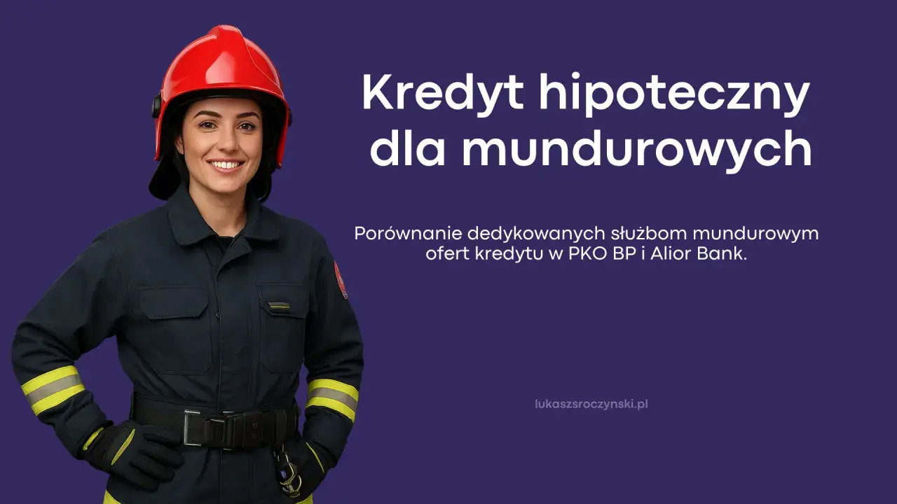Uśmiechnięta strażaczka w hełmie. Kredyt hipoteczny dla mundurowych – porównanie ofert PKO BP i Alior Bank.