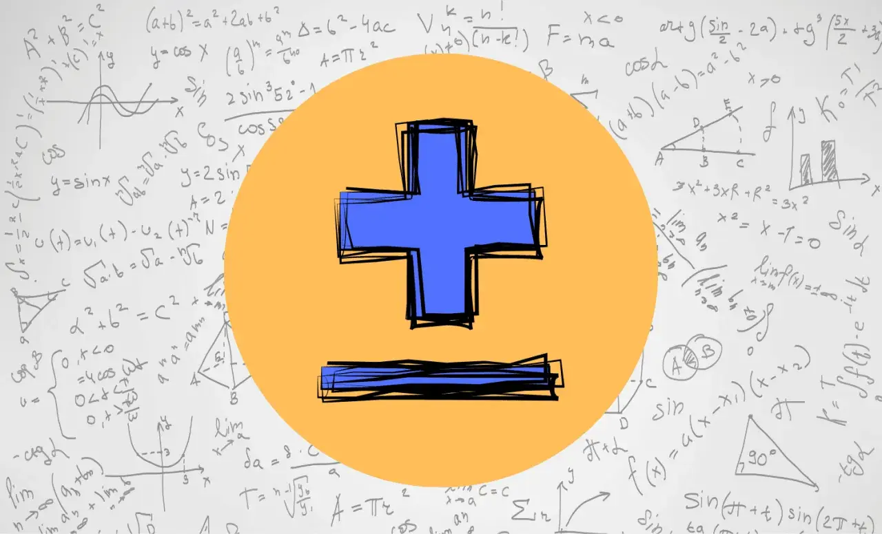 Niebieski plus minus symbol na tle równań matematycznych.