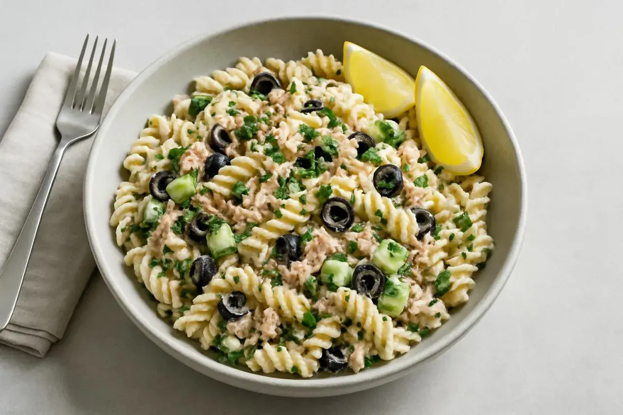 En skål med krämig tonfisksallad med pasta, svarta oliver, gurka och citronklyftor.