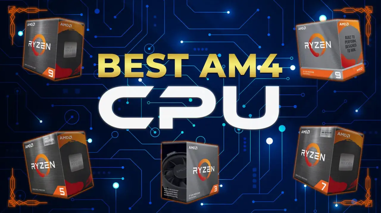Cajas de procesadores AMD Ryzen 9, 7, 5 y 3 para socket AM4, con el texto "BEST AM4 CPU" en dorado y blanco.