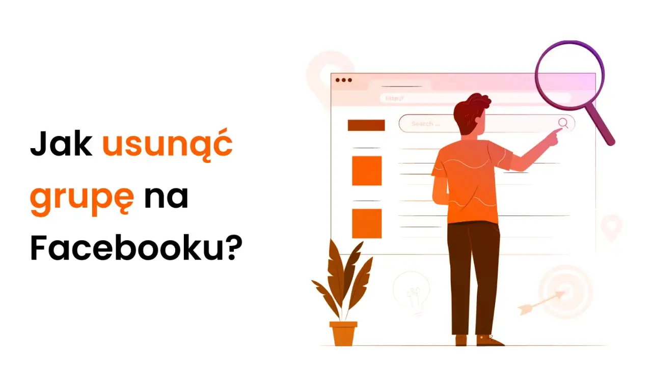 Jak usunąć grupę na FB? Ilustracja przedstawia mężczyznę szukającego informacji na ekranie komputera, symbolizując proces usuwania grupy.