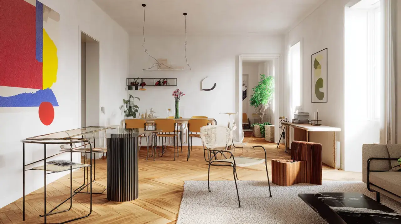 Jasne, przestronne wnętrze w stylu bauhaus z abstrakcyjnym obrazem, szklanym stołem i drewnianymi meblami.