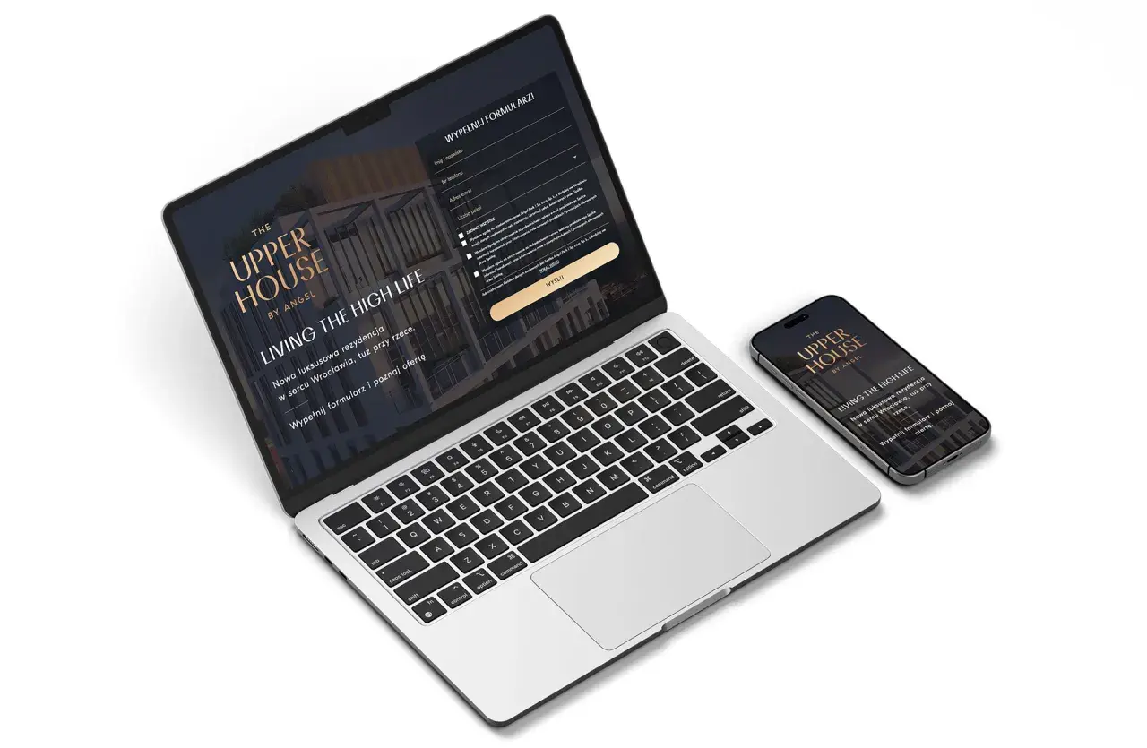 Laptop i smartfon prezentują landing page "The Upper House". Formularz zaprasza do wypełnienia, by poznać ofertę luksusowej rezydencji.