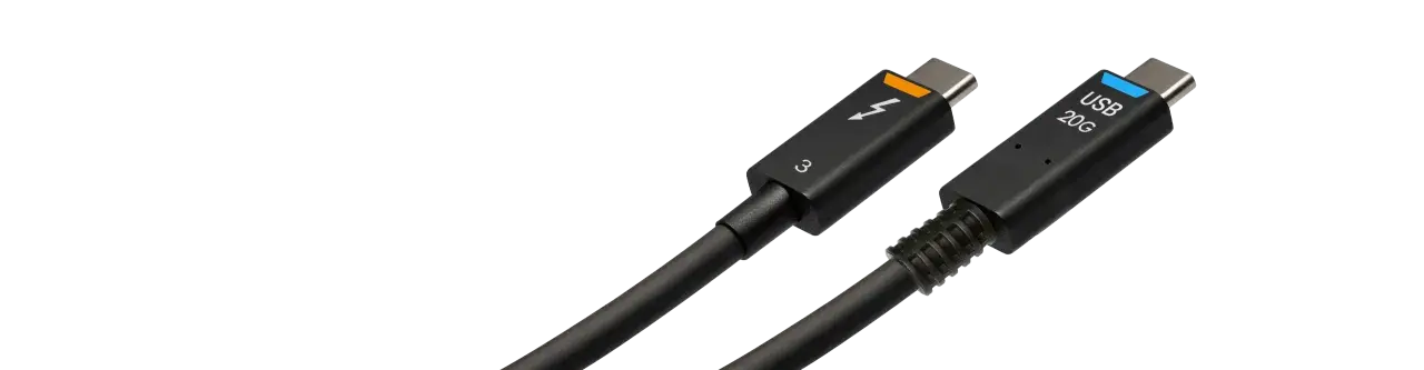Dwa kable USB-C. Jeden z symbolem błyskawicy i oznaczeniem "3", drugi z napisem "USB 20G".