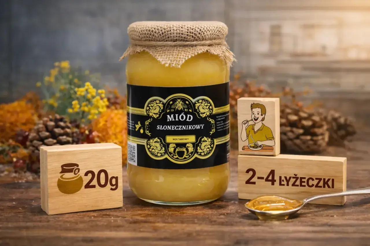 Słoik miodu słonecznikowego, obok drewniane kostki z napisem "20g" i rysunkiem chłopca jedzącego miód, oraz "2-4 łyżeczki". Codzienne jedzenie miodu to zdrowie!