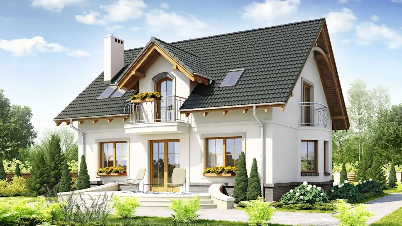 Nowy dom z pięknymi oknami i balkonem. Dbałość o detale, jak obróbka okna, podkreśla jego urok.