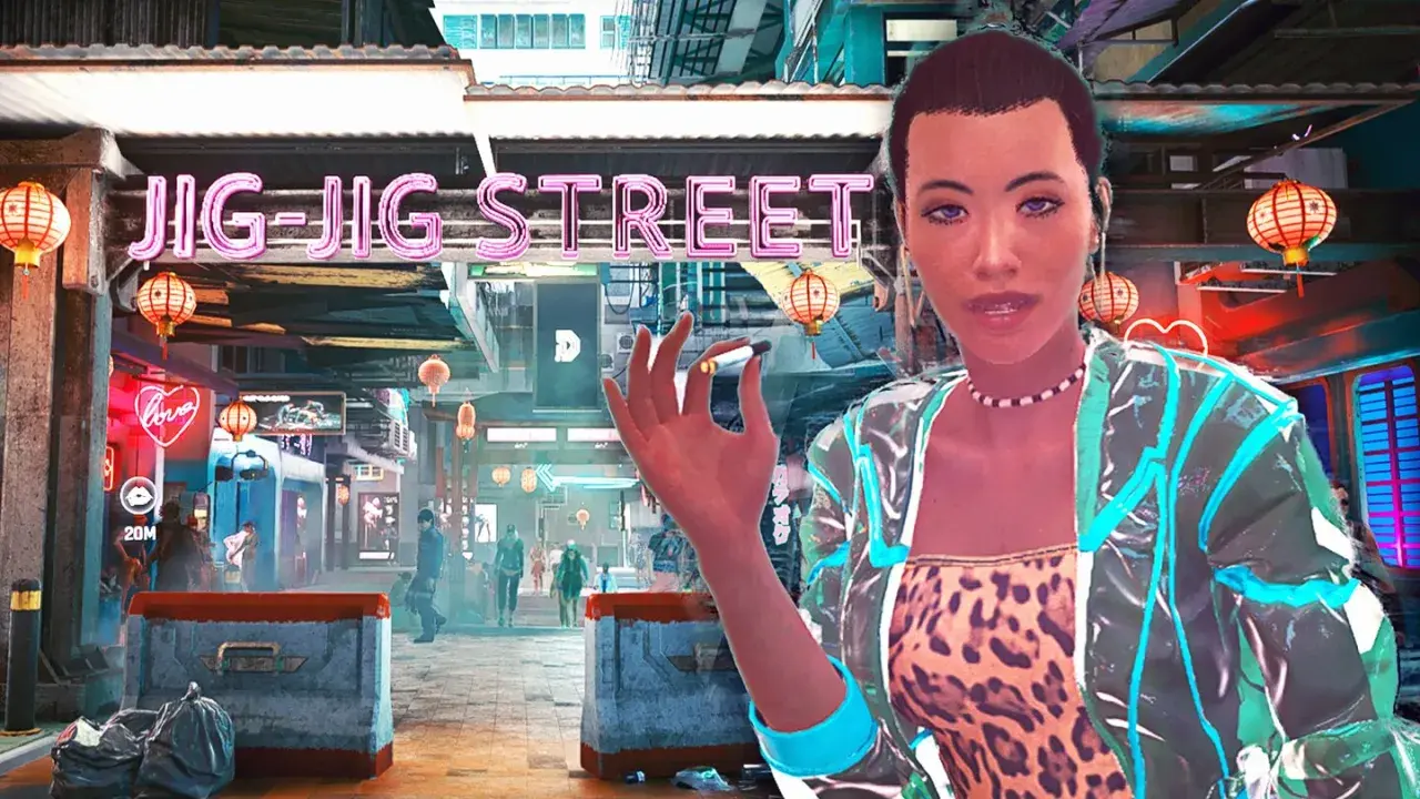 Cyberpunk 2077: Jig-Jig Street, ein Ort für alle Arten von Vergnügen. Eine Frau mit Zigarette im Vordergrund.