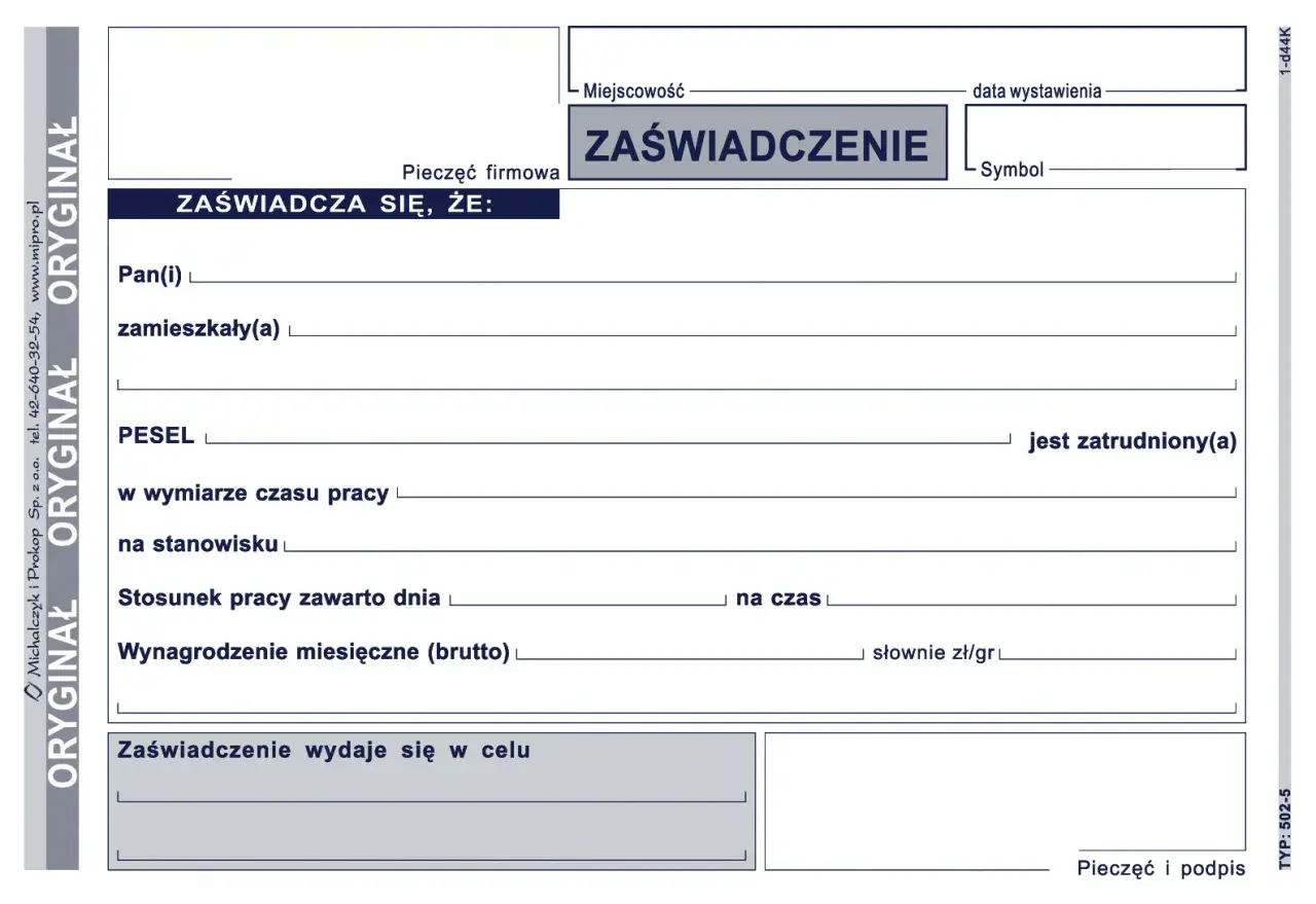 Formularz zaświadczenia o zatrudnieniu, zawierający dane pracownika, stanowisko, wynagrodzenie i cel wydania dokumentu.