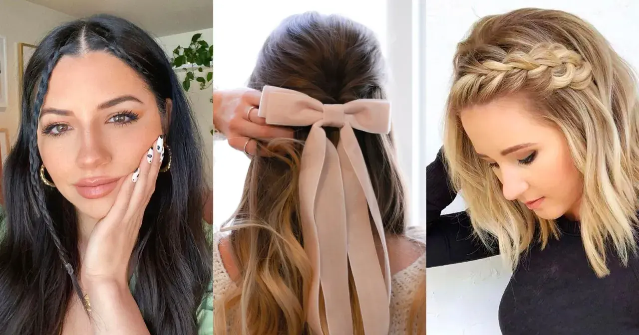 Peinados con peinetas y cabello suelto: trenzas finas, un lazo de terciopelo y una trenza diadema.