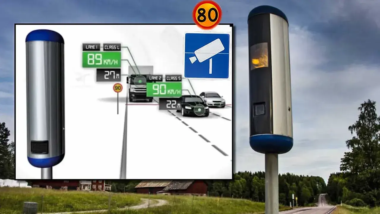 Nya fartkameror övervakar trafiken. En illustration visar hur hastigheter mäts på olika filer, medan en verklig kamera står vid vägen.