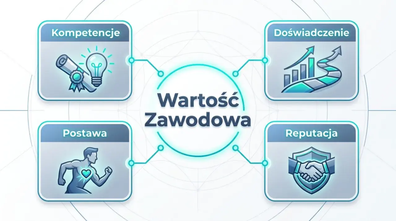 Wykres przedstawia cztery kluczowe elementy budujące wartość zawodową: kompetencje, doświadczenie, postawę i reputację. Rozwijanie tych umiejętności to klucz do sukcesu.