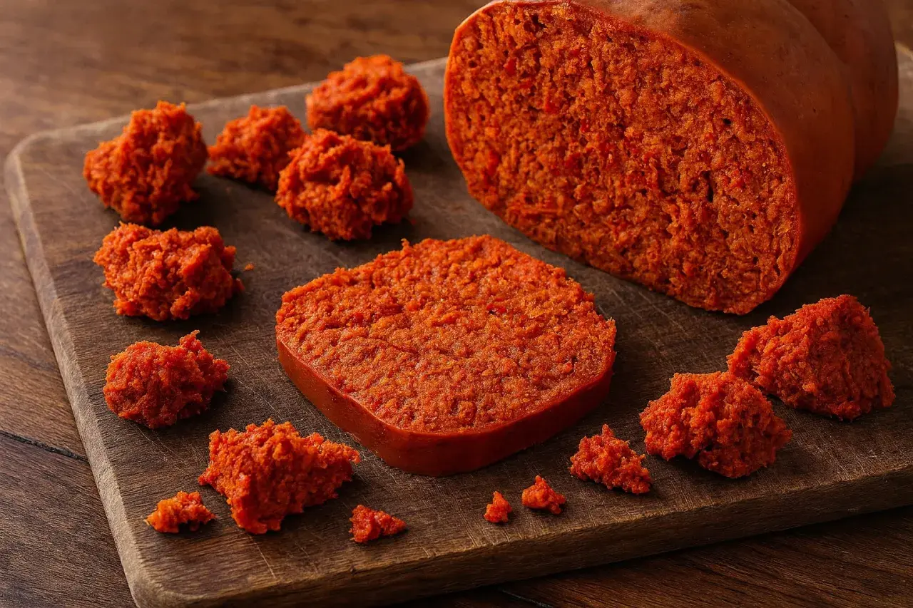 Was ist Nduja? Eine scharfe, streichfähige italienische Salami aus Schweinefleisch und Chili, hier auf einem Holzbrett präsentiert.