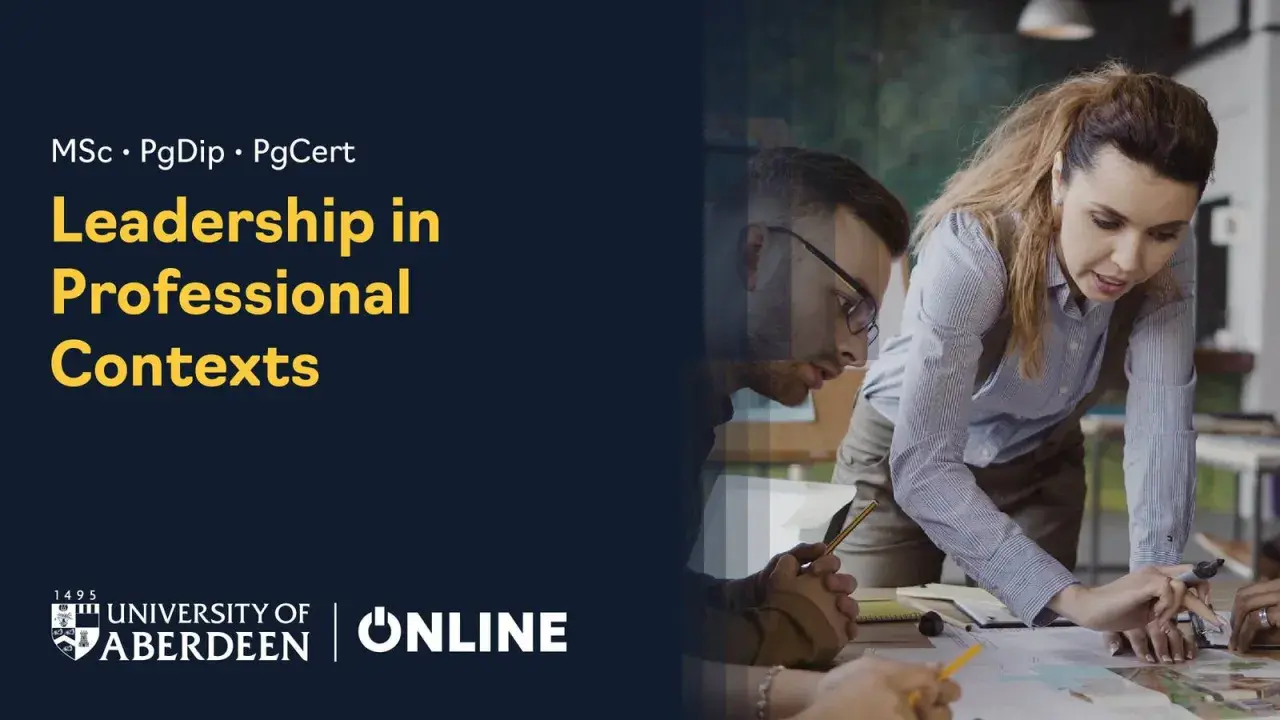 University of Aberdeen's online masters in organizational leadership program. Professionals collaborate on a project.