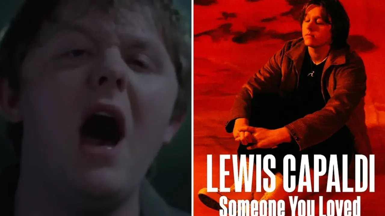 Lewis Capaldi śpiewa "Someone You Loved". Obok okładka singla.
