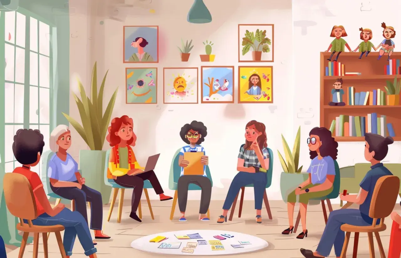 Elternabend im Kindergarten: Eine Gruppe von Eltern sitzt im Kreis, bespricht sich und tauscht sich aus. Kinderbilder hängen an der Wand.
