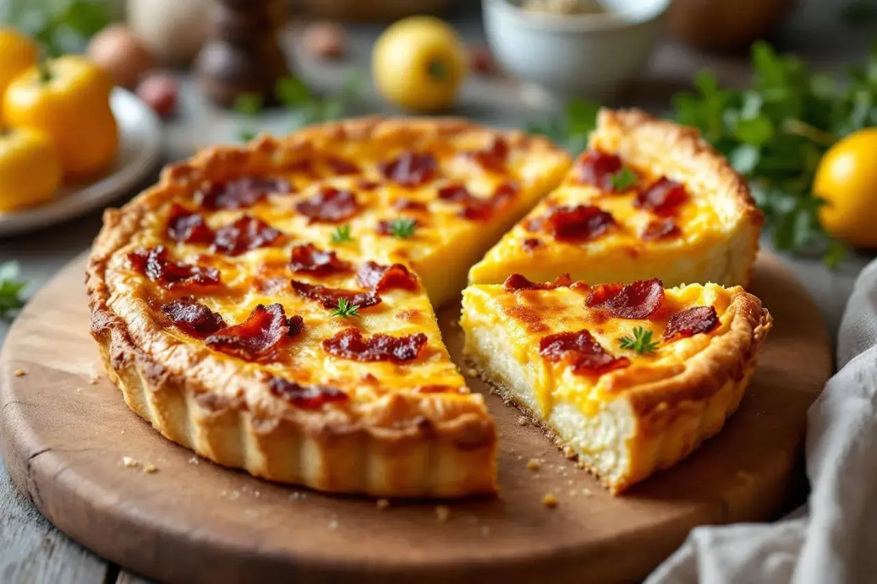 Une délicieuse quiche lorraine, dorée et garnie de lardons croustillants, prête à être dégustée.