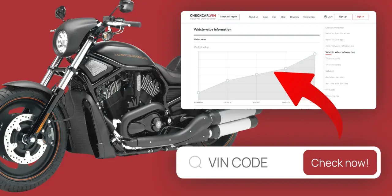 Czarny motocykl Harley-Davidson. Obok wykres wartości pojazdu i pole do wpisania numeru VIN.