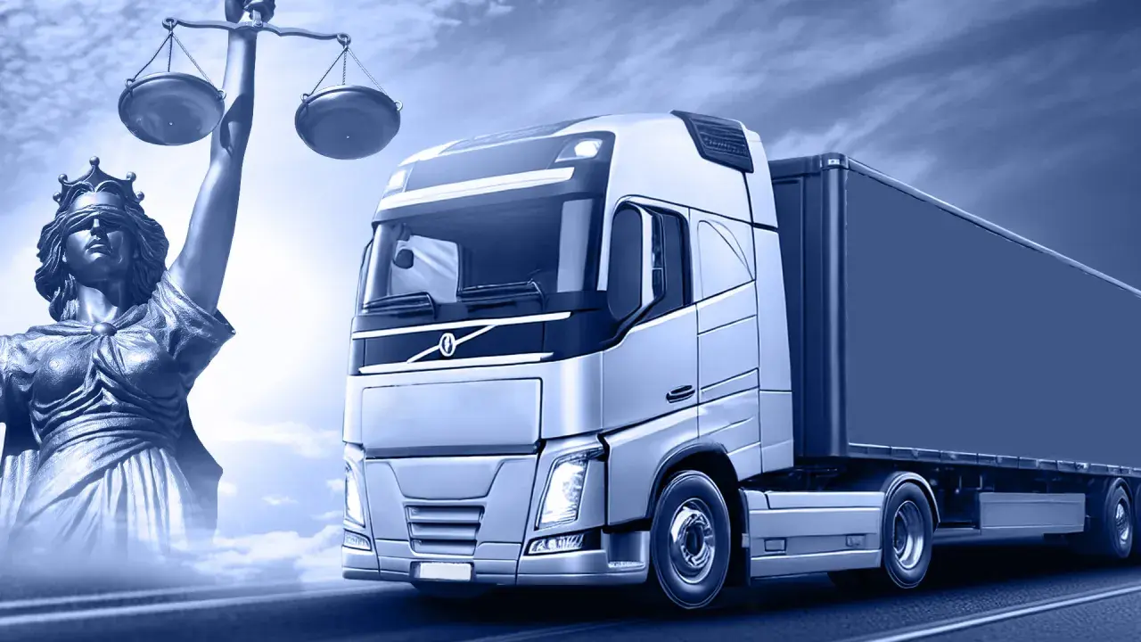 Ciężarówka i Temida symbolizują kontrolę, ład i sprawiedliwość w firmie transportowej.