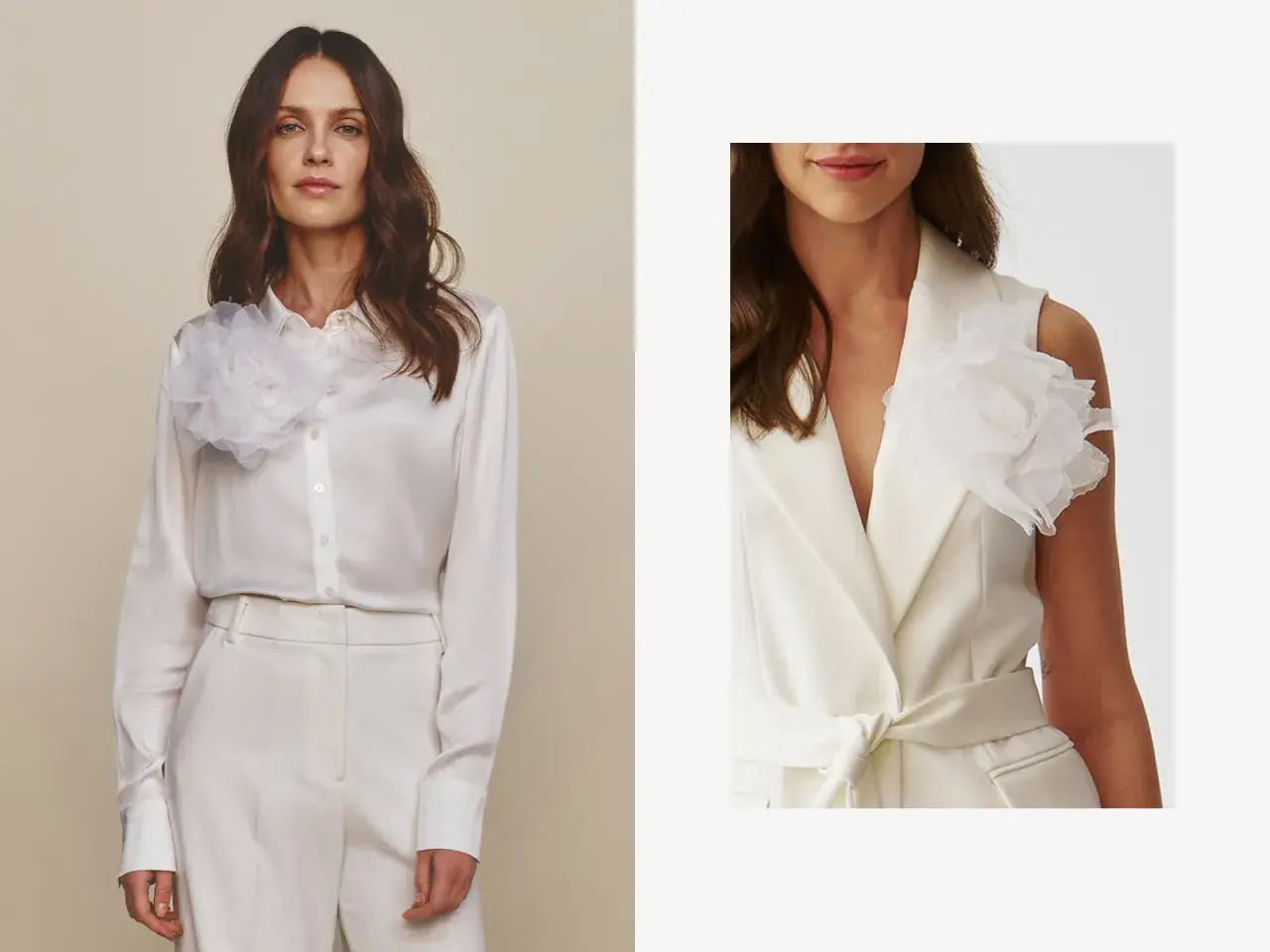 Elegancka kobieta w białej satynowej koszuli i marynarce bez rękawów, obie ozdobione białą broszką w kształcie kwiatu. Inspiracja, jak nosić broszki.