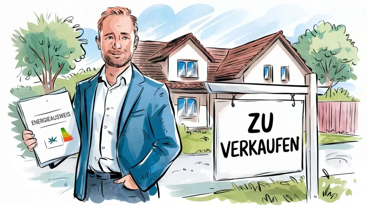 Mann mit Energieausweis vor Haus mit "Zu Verkaufen"-Schild. Der Hausverkauf ohne Energieausweis ist nicht erlaubt.