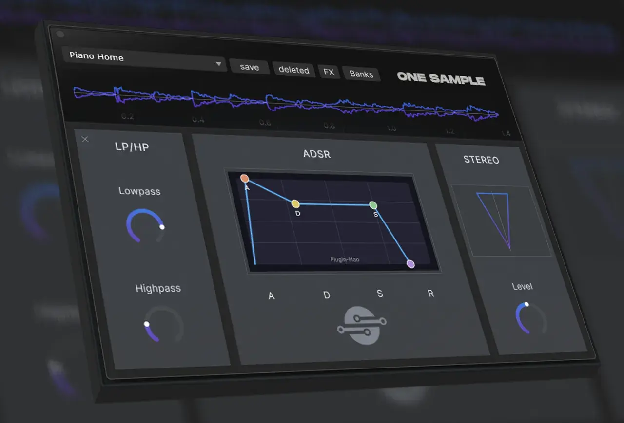 Interface d'un vst batterie gratuit, avec courbes ADSR, filtres LP/HP et réglages stéréo.