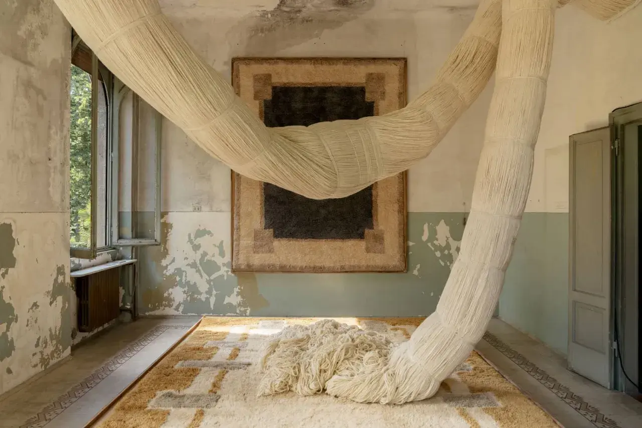 Installation artistique avec des cordes monumentales rappelant le passementier métier, drapant une pièce aux murs décrépis et sur des tapis graphiques.