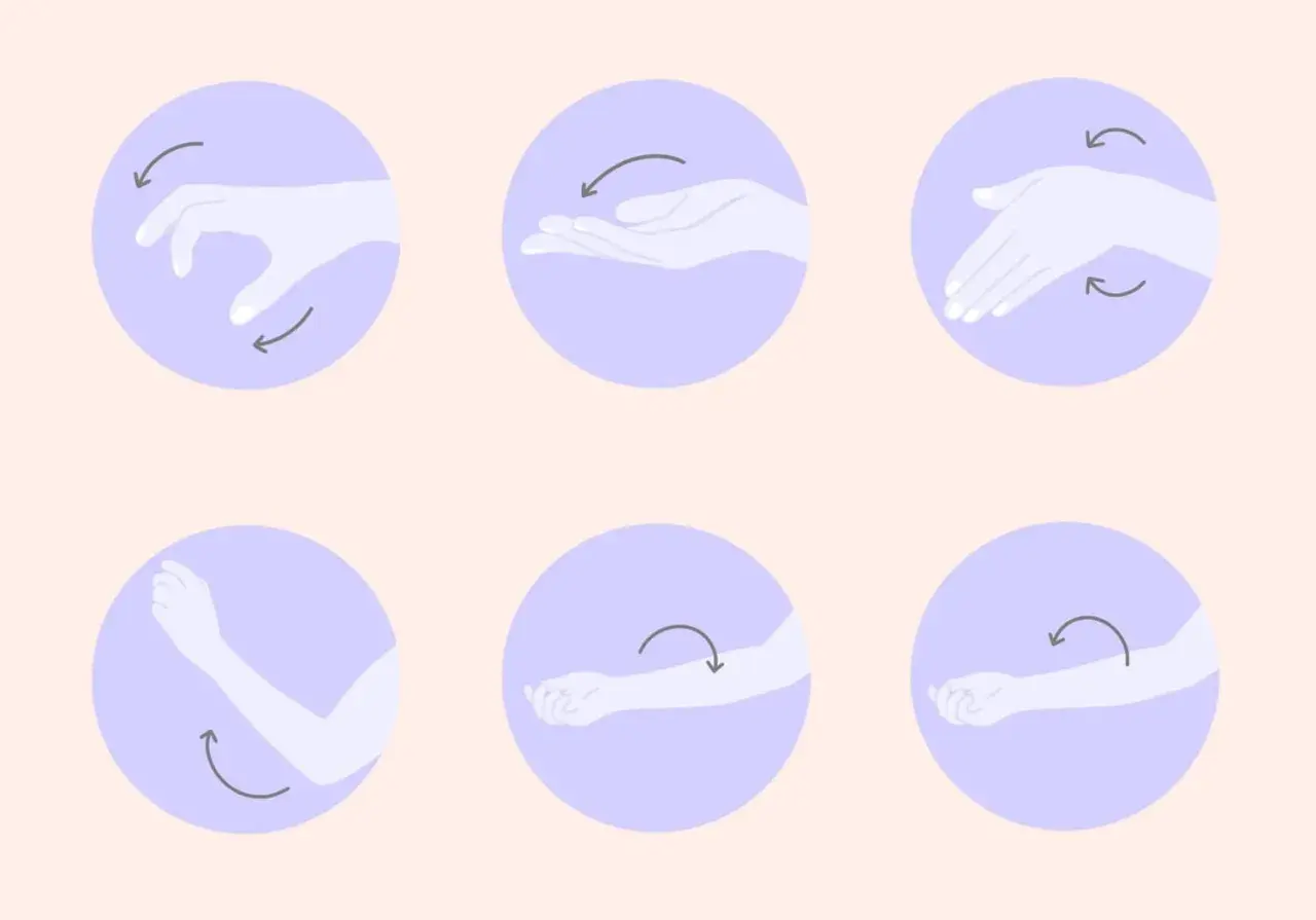 Illustration zeigt Übungen für Hände und Arme. Ein Handtrainer wie oft? Diese Grafiken zeigen, wie man die Gelenke bewegt.