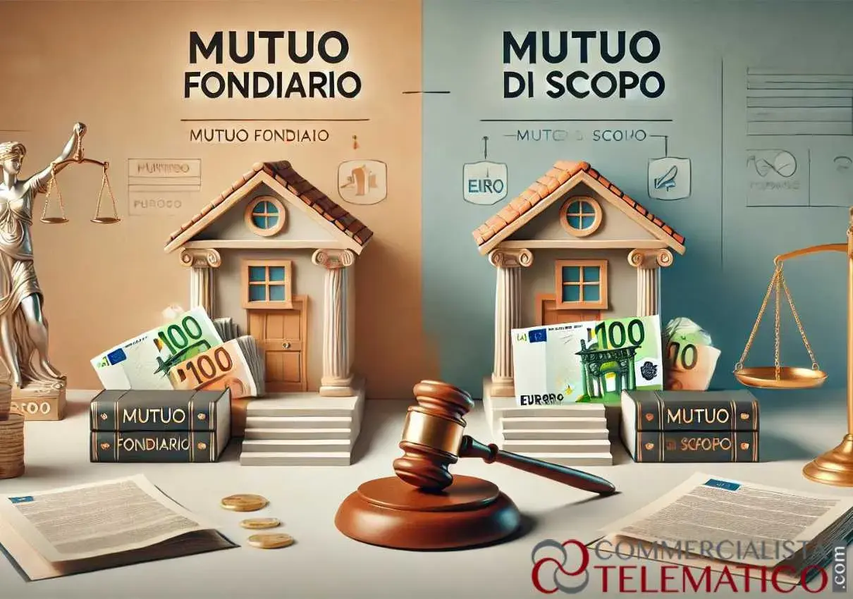 Confronto visivo tra mutuo fondiario e ipotecario: case, denaro e bilance della giustizia illustrano la differenza.