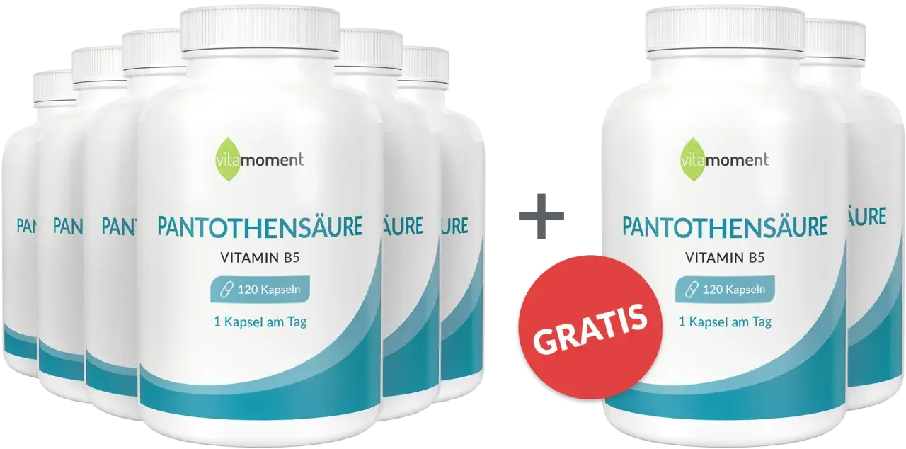 Mehrere Flaschen Pantothensäure, Vitamin B5, 120 Kapseln pro Flasche. Ein Angebot mit "Gratis" Aufkleber.