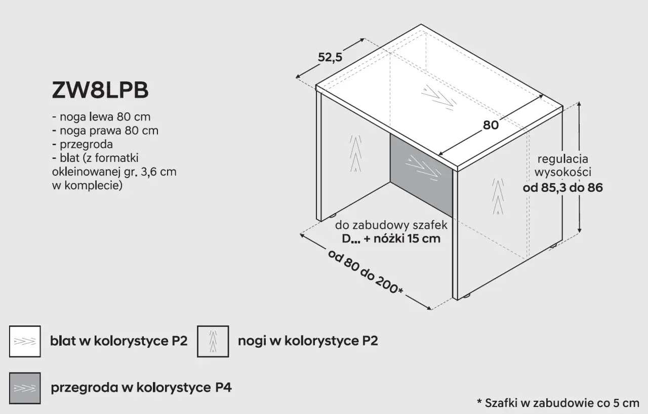 Wizualizacja wyspy w kuchni z wymiarami: blat 80 cm, wysokość regulowana 85,3-86 cm. Idealna do zabudowy szafek.