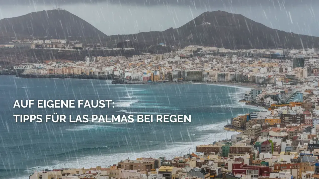Regentage auf Gran Canaria: Tipps für Las Palmas, wenn es schüttet. Die Stadt erstreckt sich am Meer unter bewölktem Himmel.