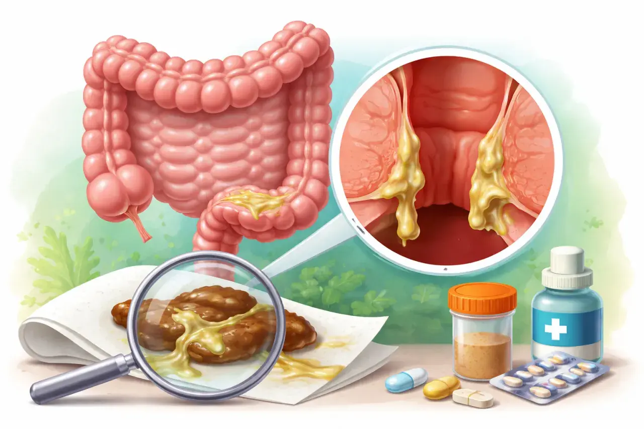 Illustrazione medica: intestino, feci con muco e sangue, e pillole. Potrebbe indicare ansia e problemi intestinali.